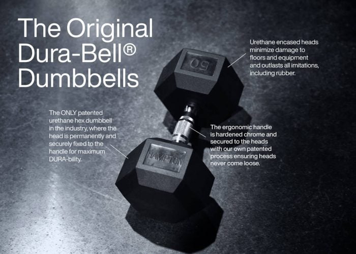 Product shot of the Hampton Dura-Bell dumbbell highlighting its unique benefits.
