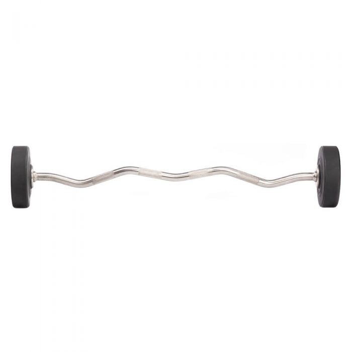 Fixed curved barbells with urethane coated ends weighing 50 pounds