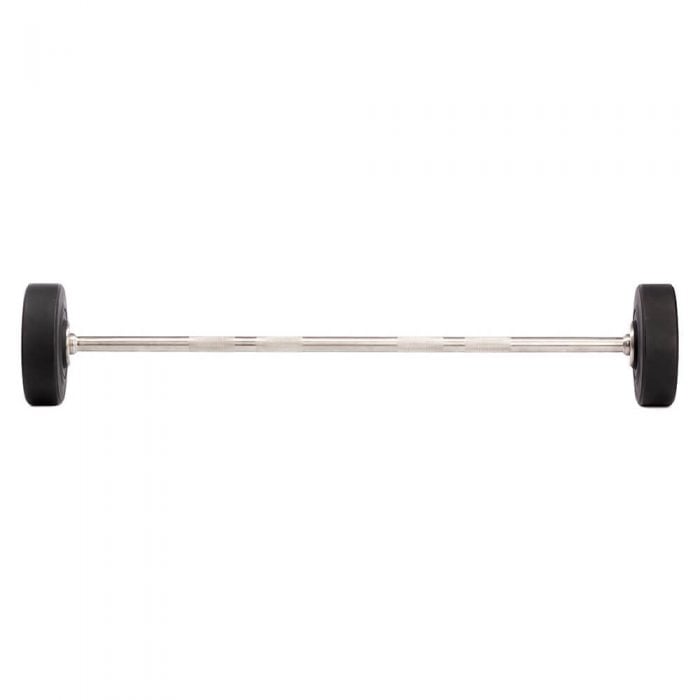 Fixed straight barbells with urethane coated ends weighing 50 pounds