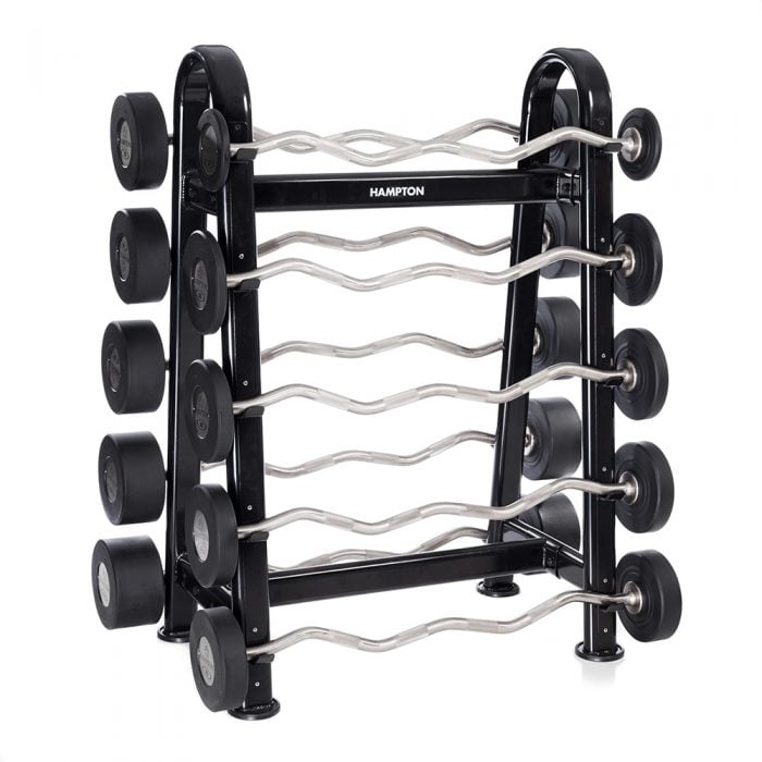 Fixed curled barbells on a rack, pro-style, club pack 20 to 100 pounds