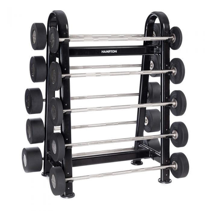 Fixed barbells, pro-style, urethane on a club pack rack