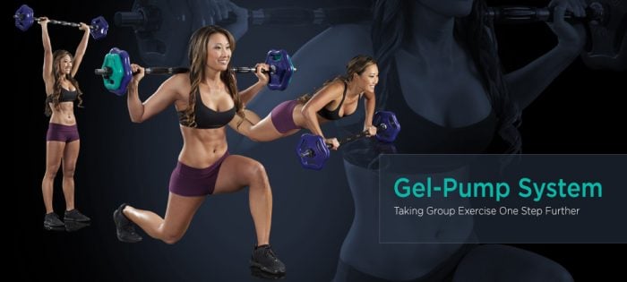 fitness professional demonstrating the gel pump system in three different poses.