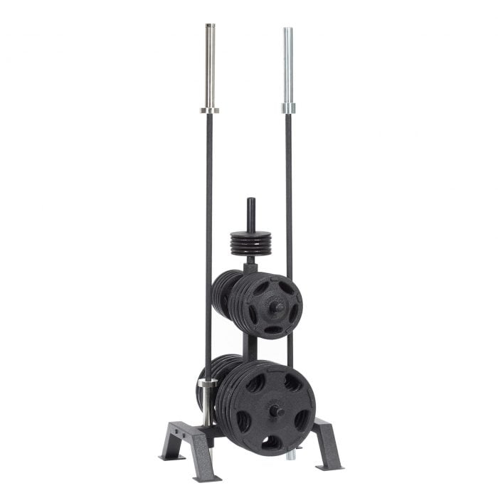 Outdoor Olympic plates, bars, and a rack, black and chrome.
