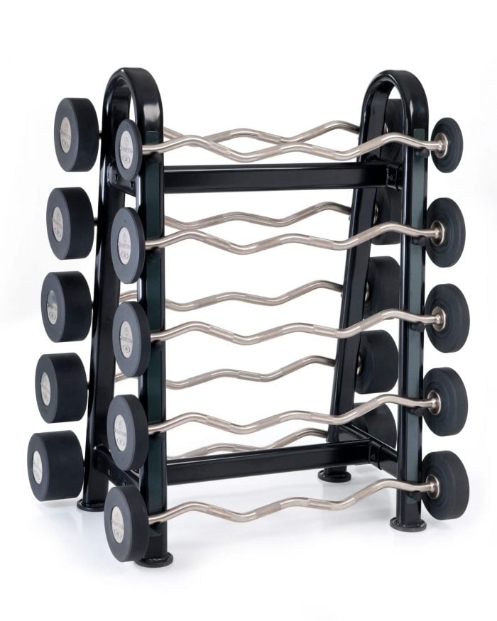 Black vertical weight rack with curved fixed barbells 20 pounds to 100 pounds each