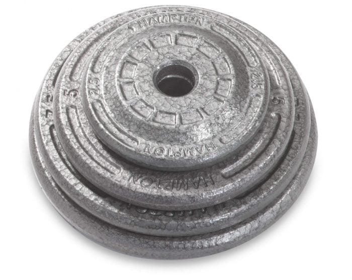 Stack of gray weight plates in various sizes