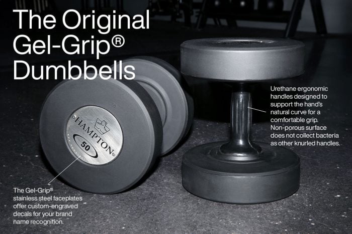 Image of Hampton Gel-Grip dumbbells highlighting features.