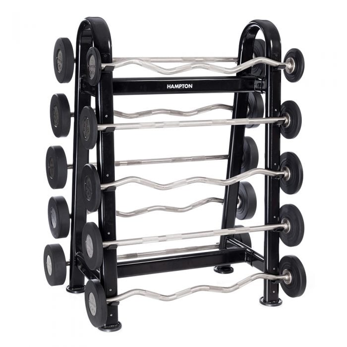Fixed curled barbells on a rack, pro-style, club pack 20 to 65 pounds