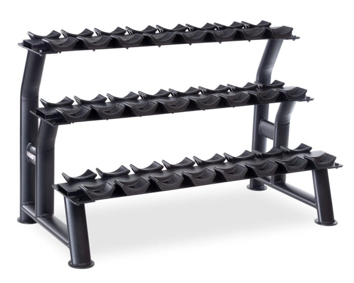 3-Tier Chrome Dumbbell Saddle Rack that will hold 12 Pairs of weights
