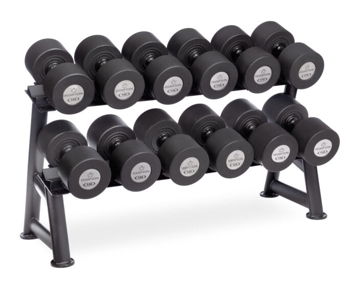 horizontally racked urethane dumbbells