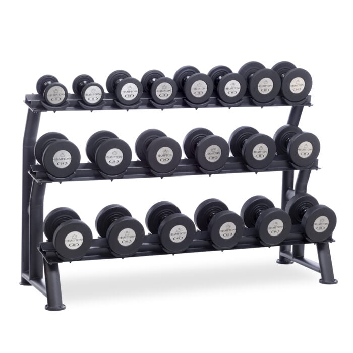 gel grip urethane dumbbells and black 3 tier fixed dumbbell saddle rack