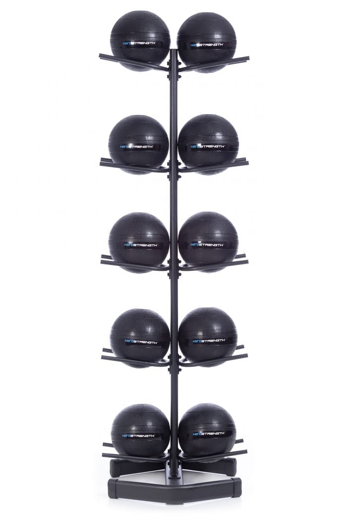 10 black remedy balls on a black vertical rack