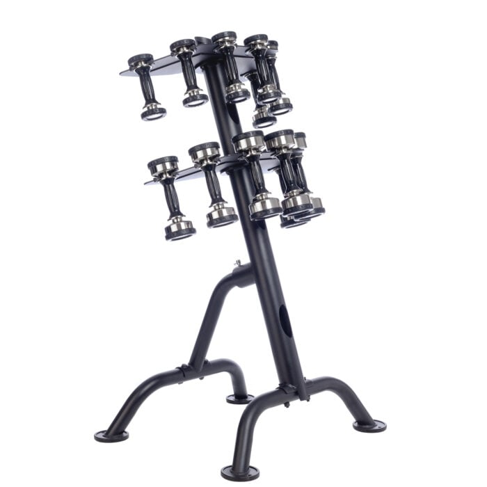 Set of Eclipse Pro Style Dumbbells on a standing rack ranging in weight from 5 to 50 pounds