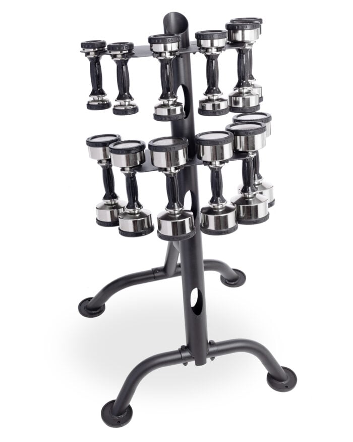 Set of Eclipse Pro Style Dumbbells on a rack ranging in weight from 5 to 50 pounds