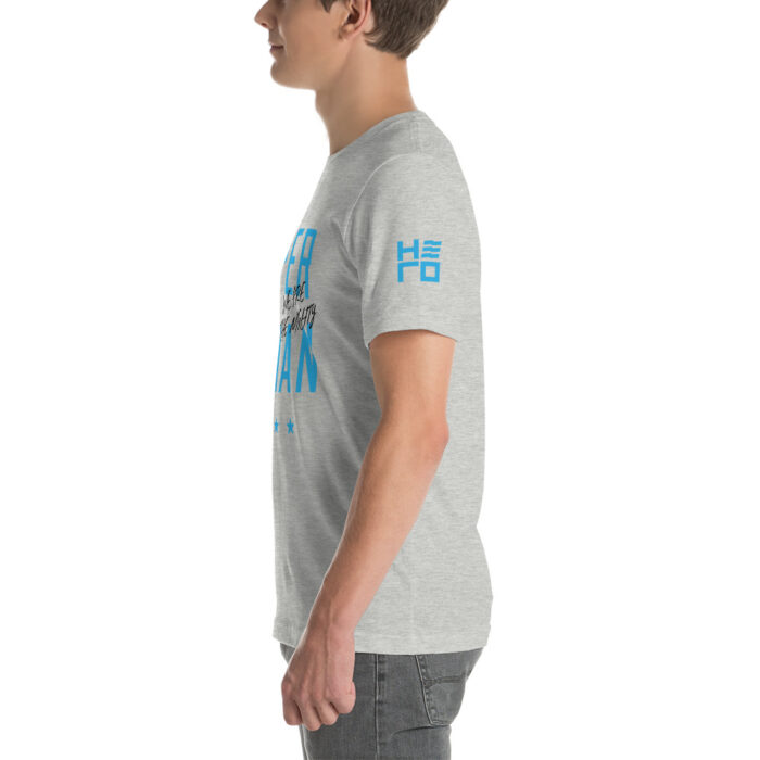 male modeling gray t-shirt with blue text that says super human and black texts that says "we are the mighty"