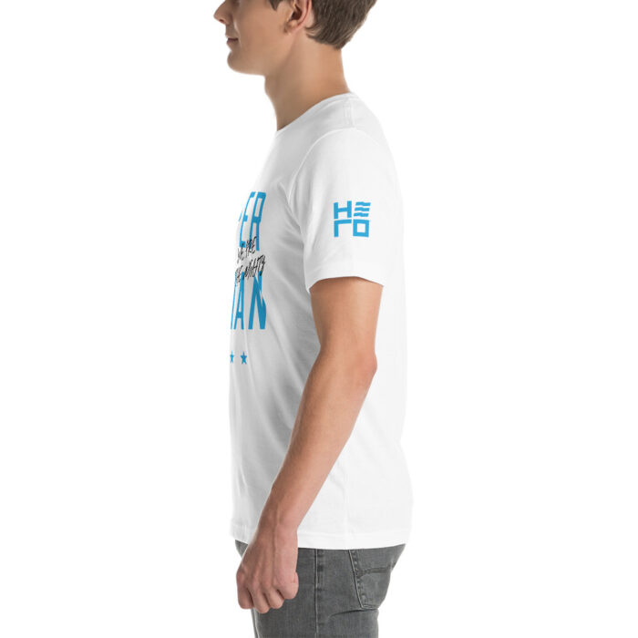 male modeling white t-shirt with blue text that says super human and black texts that says "we are the mighty"