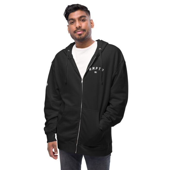 male modeling black hoodie with white hampton logo on the chest