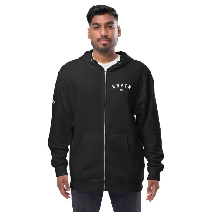 black zip up hoodie with white hampton logo on the chest