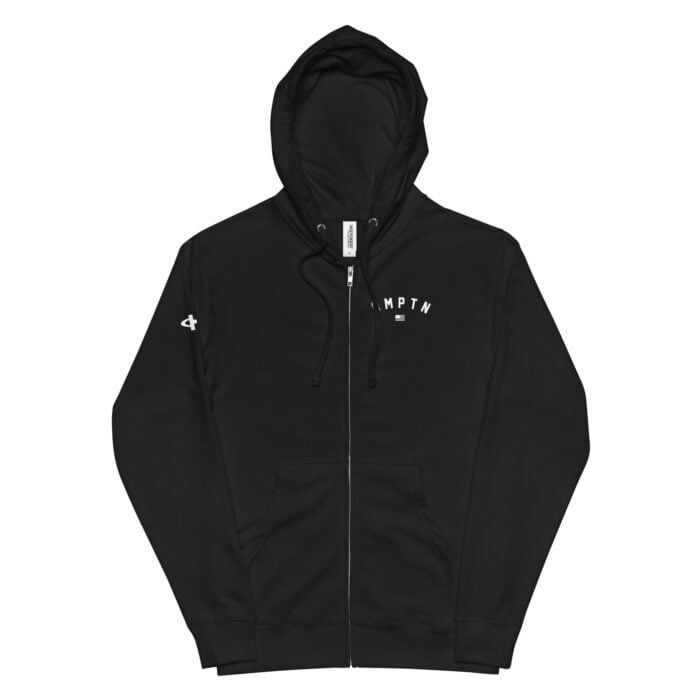 black zip up hoodie with white hampton logo on the chest