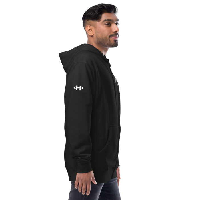 male modeling black zip up hoodie with white hampton logo on the sleeve