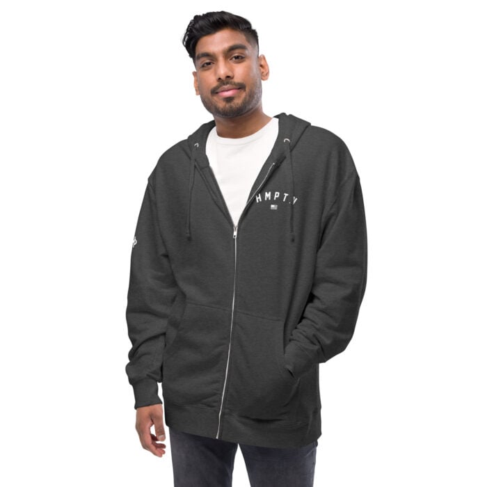 male modeling charcoal zip up hoodie with white hampton logo on the chest