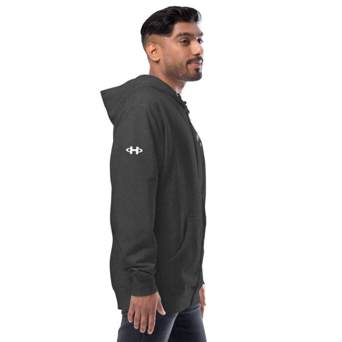 male modeling charcoal zip up hoodie with white hampton logo on the sleeve
