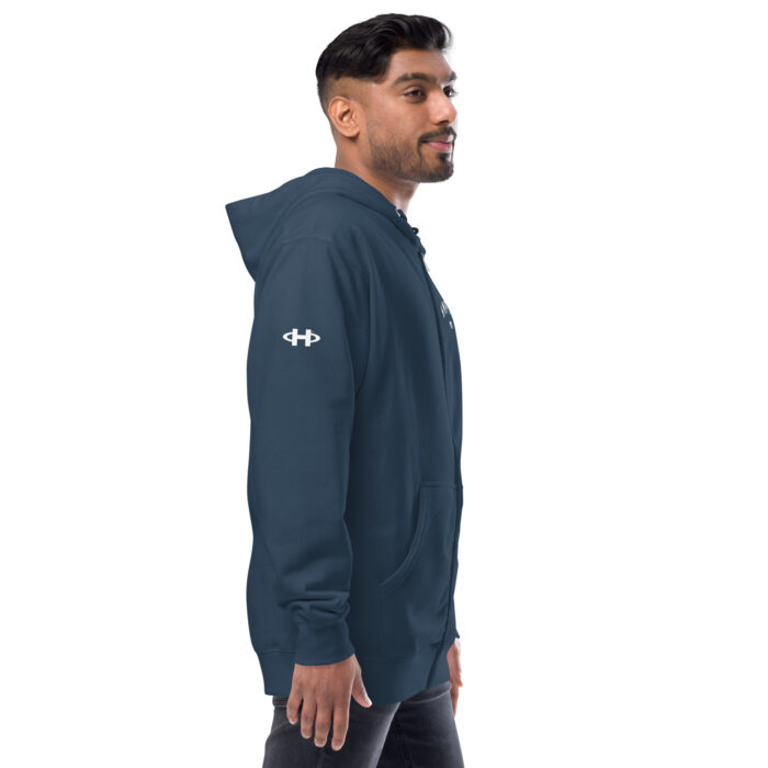 male modeling navy zip up hoodie with white hampton logo on the sleeve