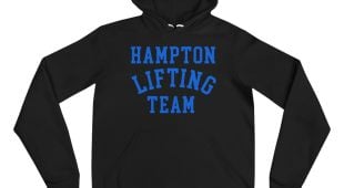 The Hampton Lifting Team Unisex Hoodie is a black hoodie featuring a front pocket and 